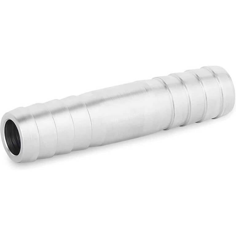 3/8 Inch to 3/8 Inch Stainless Steel Hose Barb Fitting to Splice Rubber Hose Side Angle View